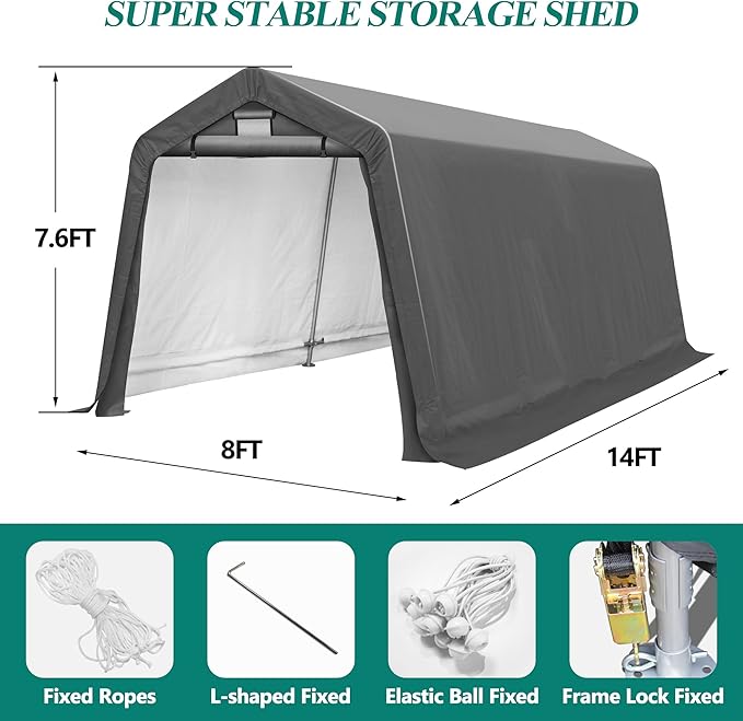 GARTOO 8' x 14' Outdoor Storage Shelter Shed- Heavy Duty Storage Tent with Roll-up Ventilated Windows, Portable Garage Zipper Storage shed for Bike, ATV, Motorcycle Shelter, Gray