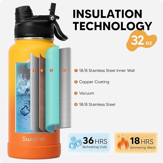 [2-IN-1 LID] Insulated Water Bottle with Silicone Boot (36hrs Cold/18hrs Hot) - DIY Stickers, Leakproof, BPA Free, 32 oz