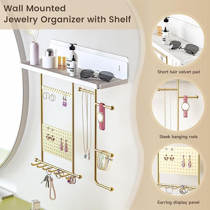 Wall Mounted Jewelry Organizer with Shelf: Metal Display Stand with Velvet Pad, Multi-Layer Necklace Hanging Rack for Bedroom Bathroom Space Saving No-Drill Wall Decor