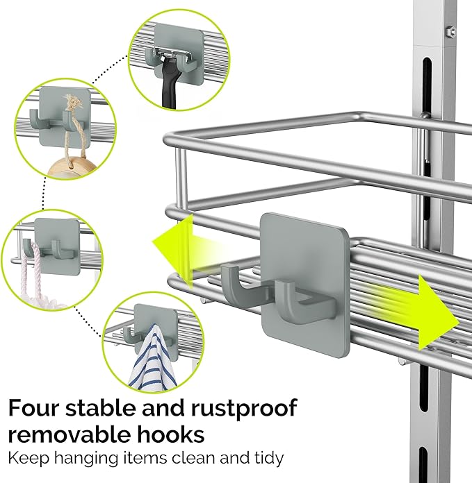 Orimade Shower Caddy Adjustable Height 4 Tier Silver,Bathroom Hanging Over the Door Organizer Shelf Rustproof with 4 Hooks,Shower Basket with Soap Holder and Suction Cup