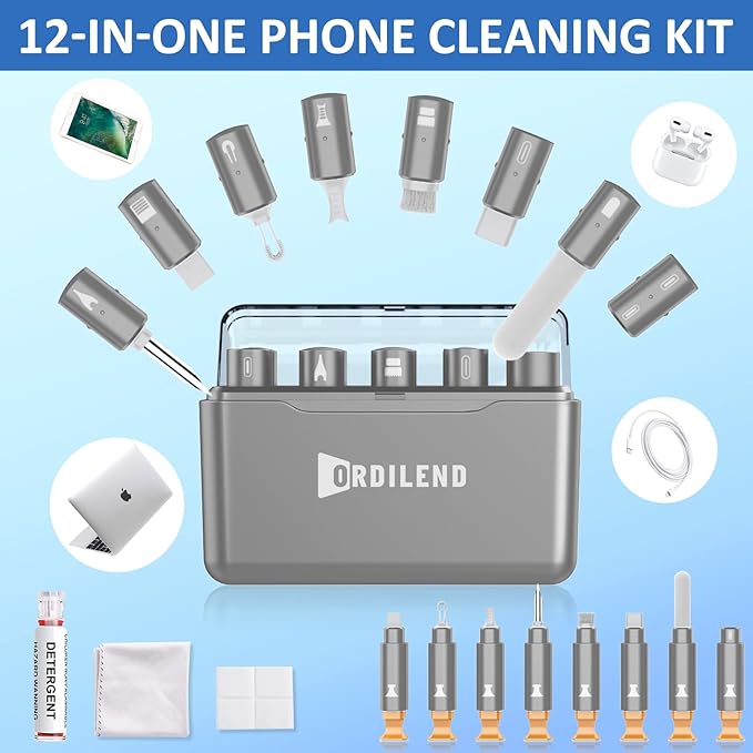 Ordilend for iPhone Cleaning Kit for Charging Port Cleaner, Multi-Tool iPhone Cleaner Repair Lightning Cable, Cell Phone Cleaning Kit for iPad, Connector, Speaker, Airpod with Storage Case, Grey