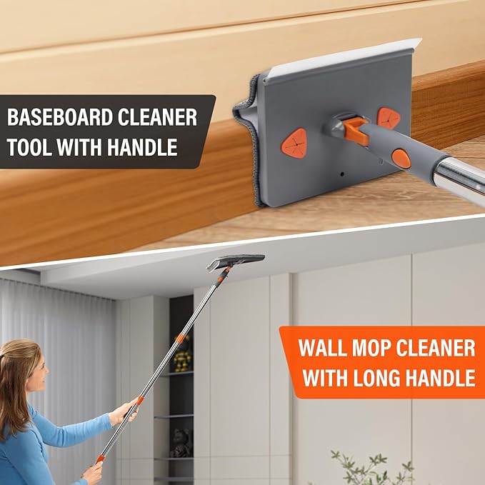 Wall Cleaner Mop with Long 85" Handle,Baseboard Cleaner Tool with Handle,180° Folding Ceiling Tool Duster with Squeegee,360 Rotatable Wall Mop,10 Replacement Pads for Cleaning Baseboard,Window