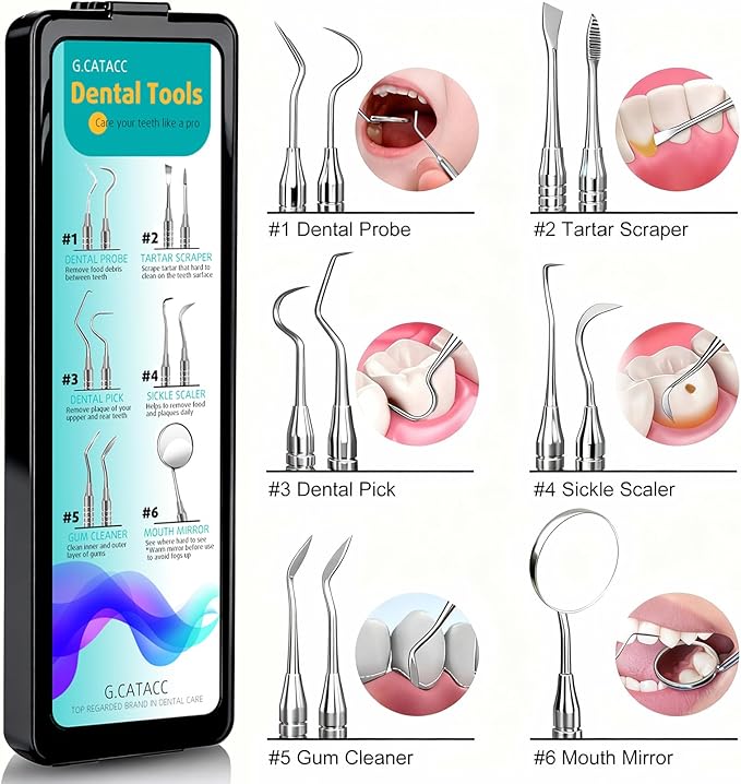 Dental Tools, Dental Pick for Teeth Cleaning, Stainless Steel Hygiene Kit with Tooth Scraper Plaque Tartar Remover - with Case
