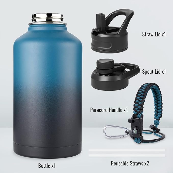 Gallon Water Bottle with 2 Lids (Straw & Spout), 304 Stainless Steel Water Jug with Handle and Wide Mouth, 1 Gallon Vacuum Double Walled Jug for Sports, Outdoors, Blue&Black 128 oz