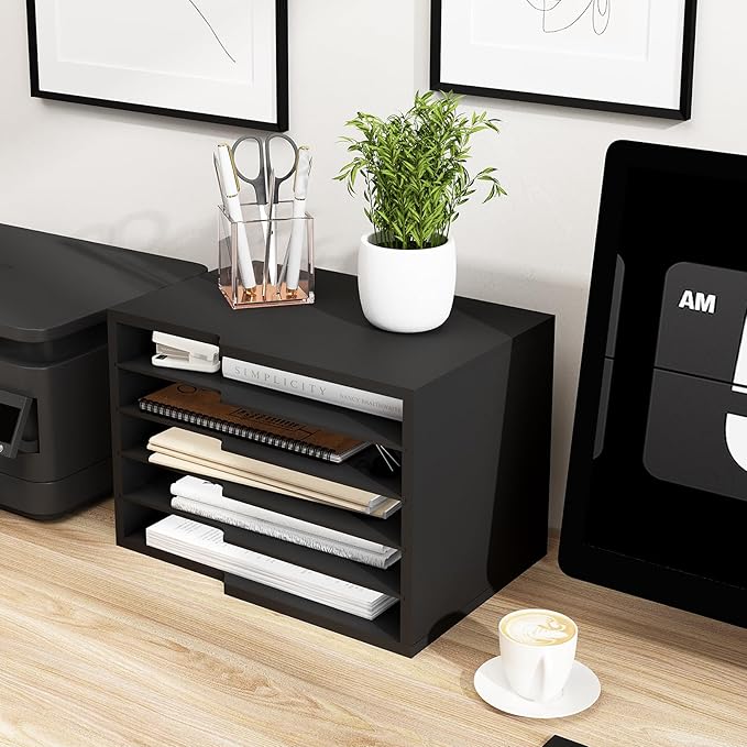 LAPTAIN Desktop File Sorter with 4 Adjustable Shelves for Home and Office, Paper Letter Tray Organizer Wall Mount, Black