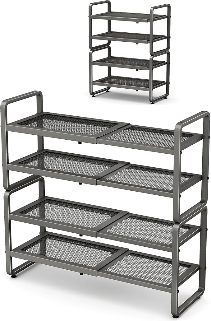 Shoe Rack - Expandable Shoe Organizer for Closet, Adjustable Metal Shoe Shelf Storage, Stackable Long Shoe Stand Holder for Garage, Entryway, Door Entrance (Grey, 4-Tier)
