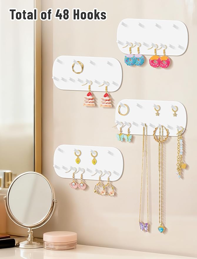 NiHome Wall Mounted Jewelry Organizer Set of 4 – 12 Hook Rounded Rectangle Design, No-Drill Installation – Premium PP Plastic, Moisture-Proof, Space-Saving Storage – 14CM x 6CM x 1.6CM White