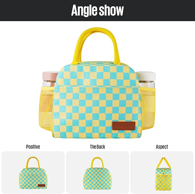 Lunch Bag Women/Men Lunch Box Women/Men (Yellow+Blue Checkerboard)