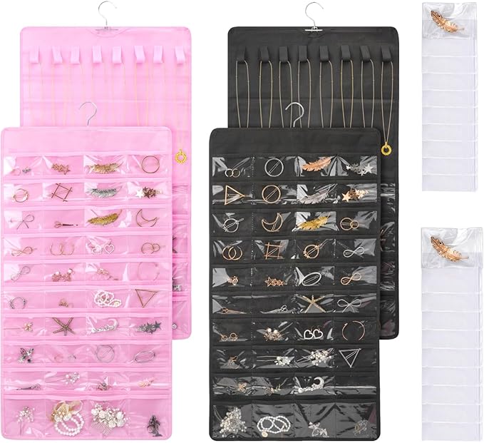 WRENYZK 2 Pcs Hanging Jewelry Organizer with Metal Hooks, Jewelry Holder Organizer with 20 Pcs Storage Bags, 48-Pocket Dual-sided Jewelry Storage for Earring Necklace Bracelet Ring (Black, Pink)