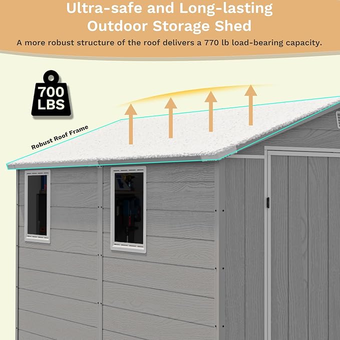 Devoko 6x8 FT Resin Storage Shed with Floor, Outdoor Plastic Garden Shed with Window, Waterproof Tool Storage Shed with Lockable Door for Backyard, Patio, Lawn, Light Gray