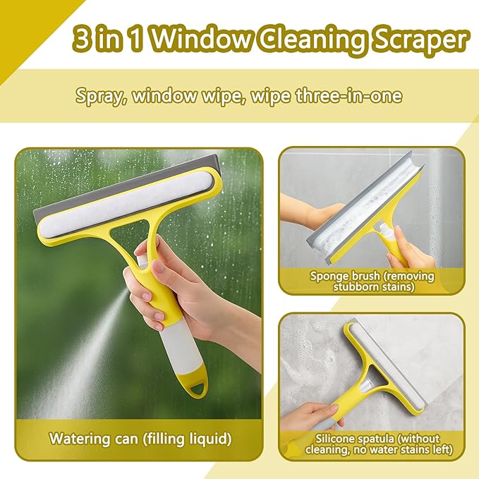 XANGNIER Window Cleaner Tool Kit,2025 3 in 1 Window Cleaning Scraper with Spray,Thickened Magic Cleaning Cloth,Window Scrubber Cleaning Squeegee for Glass,Mirror,Shower Doors,Car Windshields(Yellow)