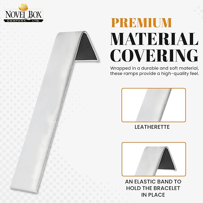 Novel Box 2 Pack White Leatherette Bracelet Display Ramps 1 1/2 W x 8 L x 2 1/8 H Inches - Jewelry Organizer Stands for Women - Elegant Bracelet/Watch Ramps for Craft Shows, Selling & Personal Use