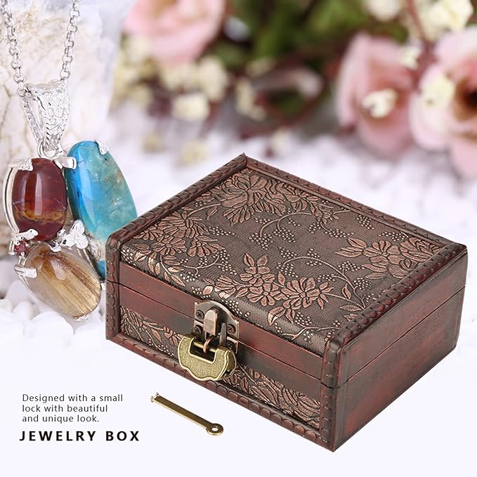 5-Inch Wooden Lock Box, Vintage Keepsake Box with Lock and Key, Small Locking Decorative Box for Jewelry Necklace, Earrings