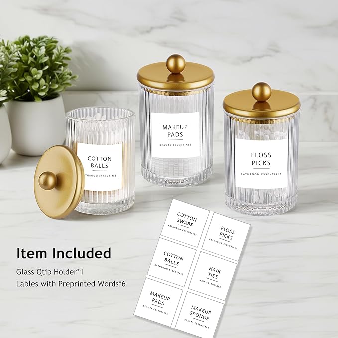 SheeChung 1-Pack Gold Ribbed Glass Qtip Holder - Apothecary Jar Bathroom Organizer with Metal Lid - Small Vanity Canister for Cotton Swabs, Rounds, Floss Picks - Modern Luxury Decor