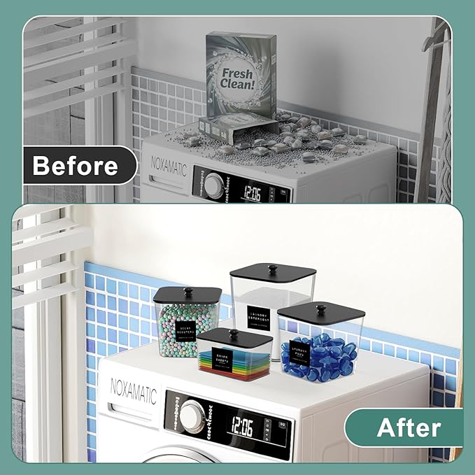 4 Pack Laundry Pod Containers and Dryer Sheet Holder Acrylic Jars with Bamboo Lids and Labels Laundry Room Organization Containers for Scent Booster Powder Detergent Pods Storage
