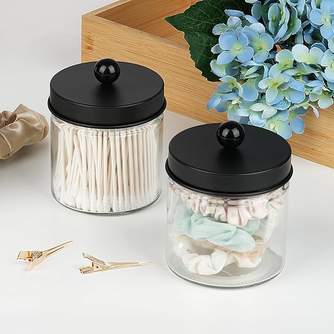 SheeChung Bathroom Organizers and Storage - 3Pack Qtip Holders Bathroom Canister Apothecary Jars for Cotton Swabs, Rounds, Balls, Qtips,Makeup Sponges, Flossers,Bath Salts - Black