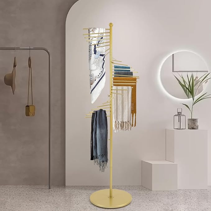 67" Freestanding Spiral Scarf Organizer - 30 Rods Metal Holder, Space Saving Hijab/Belt/Pants Rack for Closet, Clothing Store & Home