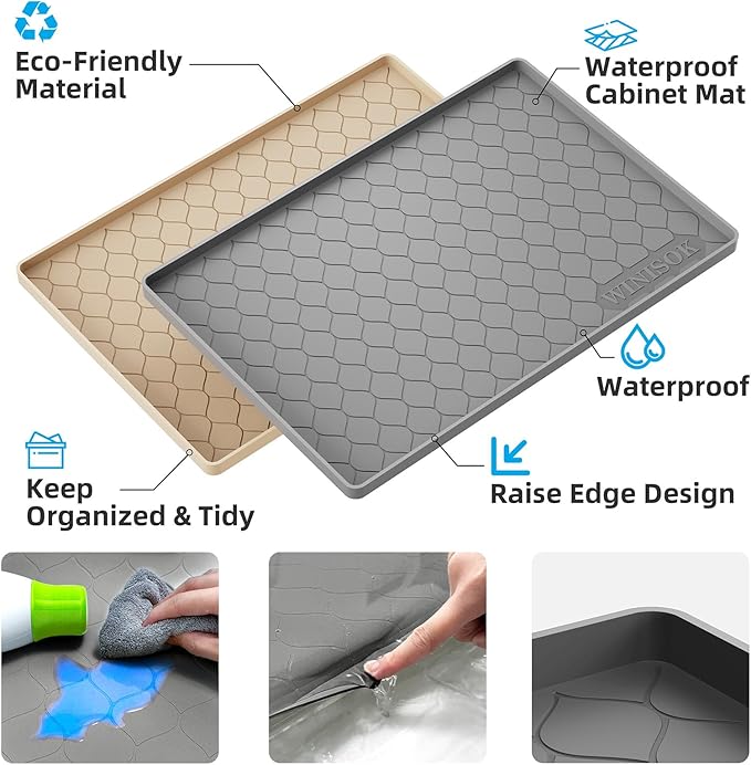 Silicone Under Sink Mat 19" x 19", kitchen Essentials and Gadgets, Shelf liner and Cabinet Protector, Home Organizers and Storage, Waterproof Bathroom Tray