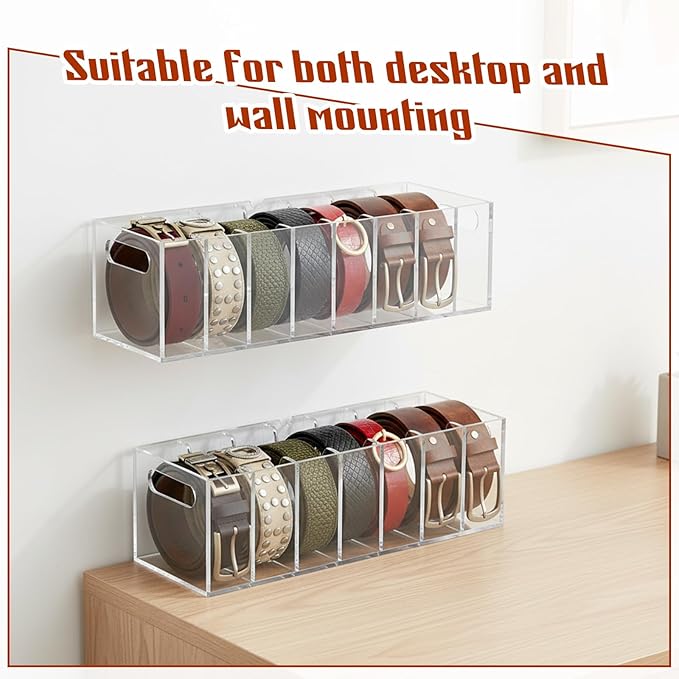 Belt Organizer Acrylic, Belt Organizer for Drawer with Lid and Handle Dustproof 7 Compartments 2 in 1 Beltbox Hangable Sock Storage Durable for Storing Ties in Wardrobes and Drawers