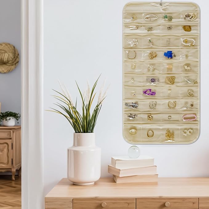 Hanging Jewelry Organizer Storage Roll with Hanger Metal Hooks Double-Sided Jewelry Holder for Necklaces, Earrings, Rings on Door, Wall, Closet, 48 Pocket Organizer,Beige