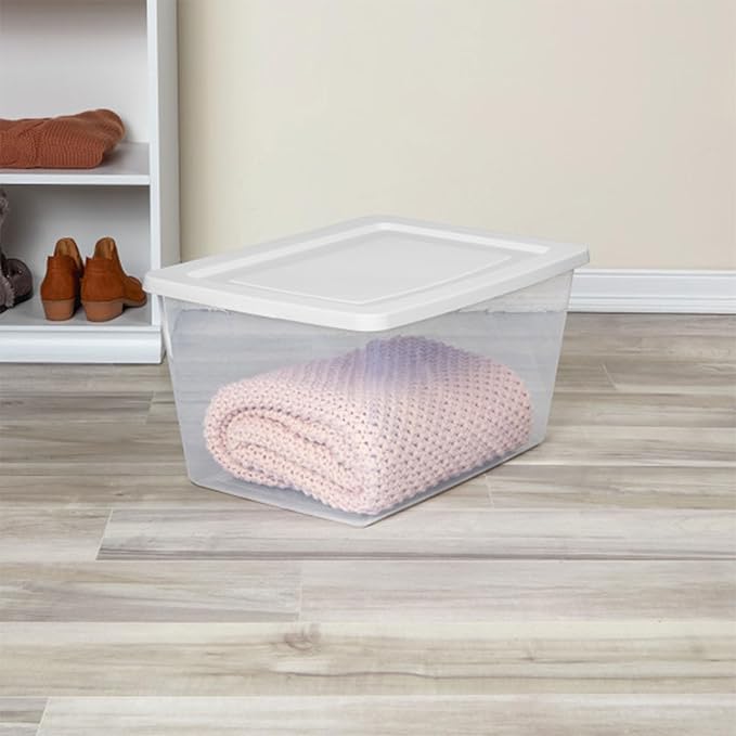 Sterilite 24 Pack Storage Box, 58 Quart Stackable Tote, Clear Plastic Container with Secure Snapping Lids for Home and Office Organization, White
