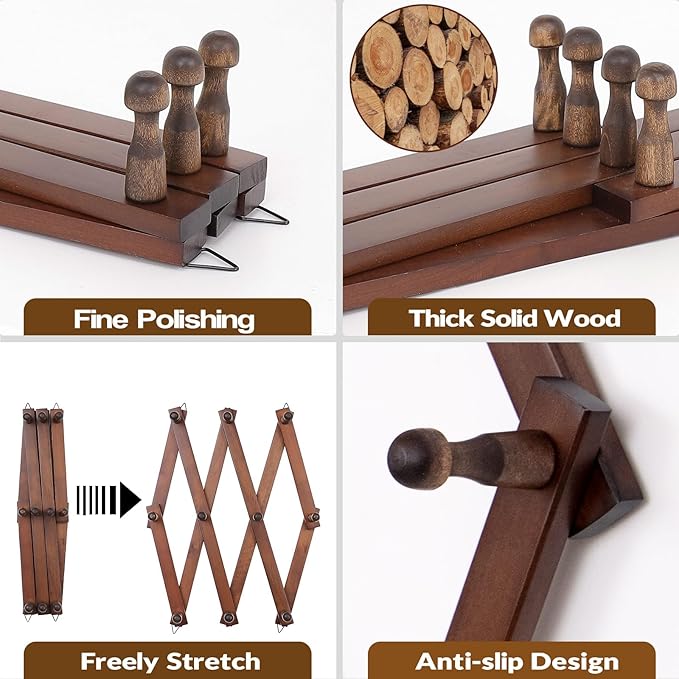 Wall Rack with 10 Hooks, Wooden Wall Expandable Coat Rack for Coat, Hats, Baseball Caps, Coffee Mug, Jewelry(Brown)