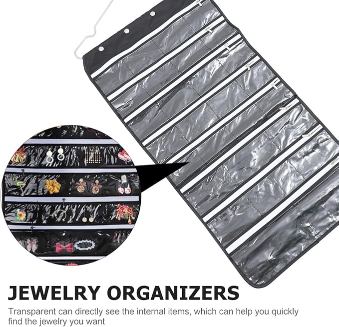 Luxshiny Double-side Zippered Jewelry Storage Bag 56 Compartments, Black Hanging Jewelry Organizer Pouch for Necklace and Card Display, Practical Travel Accessory Organizer