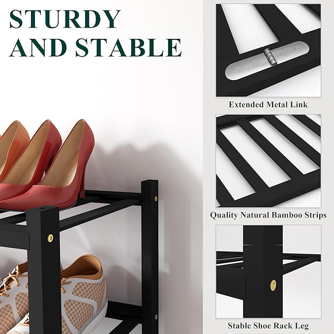 Smiry Shoe Rack, 3 Tier Bamboo Shoe Organizer, Stackable Free Standing Wooden Shoe Storage Shelf for Closet, Entryway, Front Door Entrance, Black