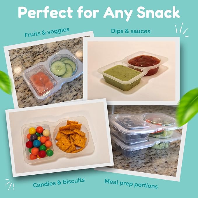 Reusable Snack Containers with Lids 10Pcs, Portion control containers, Snack Pack Containers,2 Double Compartment Snack Containers for Kids On the Go Meals, Camping Condiment Snack Tray Prep
