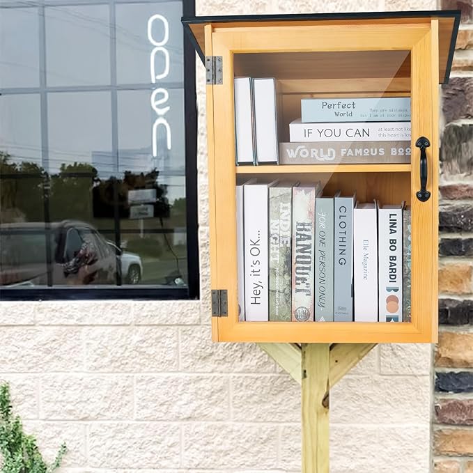 Outdoor Library Book Box - Double Free Literature Exchange Box Outdoor Book Storage Little Wood Cabinet with Shelf for DIY, Neighborhoods Community and Schools Sharing Books, Literature and Newspapers