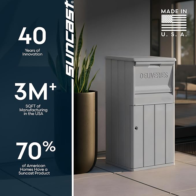 Suncast 33.5-Gallon Capacity Package Delivery Box, Parcel Drop Box with Lock, Weather Resistant Outdoor Storage Solution for Secure Package Deliveries, Made in USA