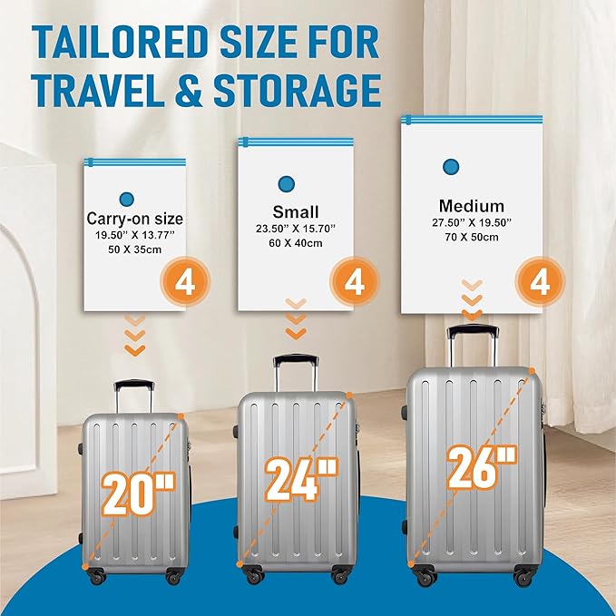 Travel Vacuum Storage Bags with Electric Pump, 12 Combo Travel Packing Bags for Luggage and Suitcase, Carry-on Size Compression Space Saver for Clothes and Clothing