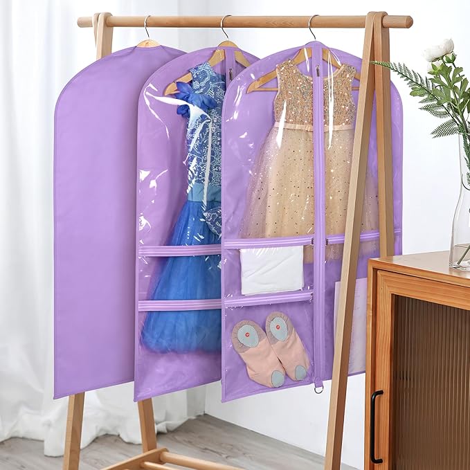 Univivi Dance Costume Bags Garment Bag 40 Inch Hanging Clothes for Dance Competitions, with 3 Medium Clear Zipper Pockets for Dance Costumes, Closet Storage (Purple)