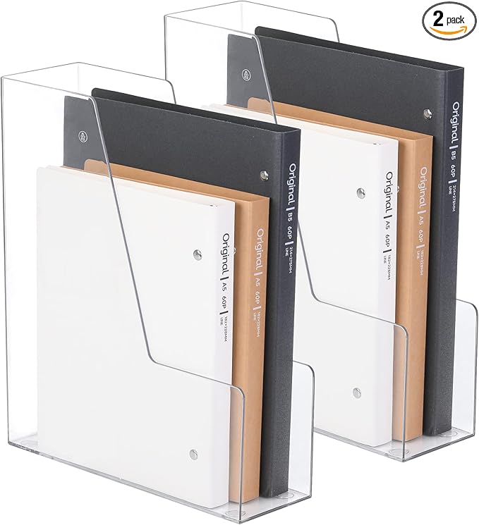 Vertical File Holder, PET Desk Organizer, Multi-purpose Plastic Document Storage Bins for Magazines, Binders, Notebooks, Envelopes, 2 Pack