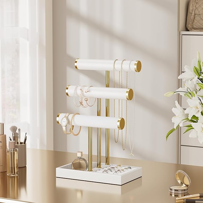 3 Tier Bracelet Holder Display - White Leather Bracelet Holder, Detachable T Bar Jewelry Holder Organizer for Bracelet, Necklace, Earrings, Rings, Watches, Bangle