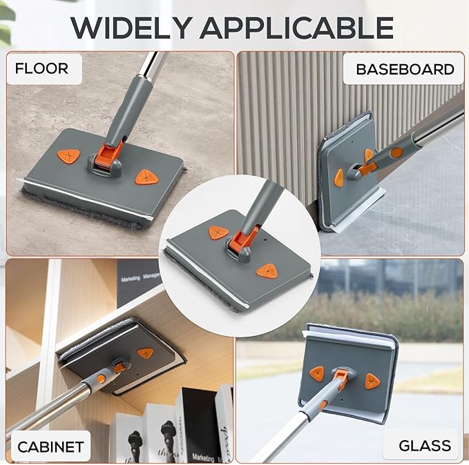 Base Board Cleaner Tool with Handle,360°Rotating Wall Cleaner Mop,180° Folding Ceiling Tool Duster with Squeegee for Cleaning Wall, Ceiling, Window,Floor,8 Replacement Cleaning Pads