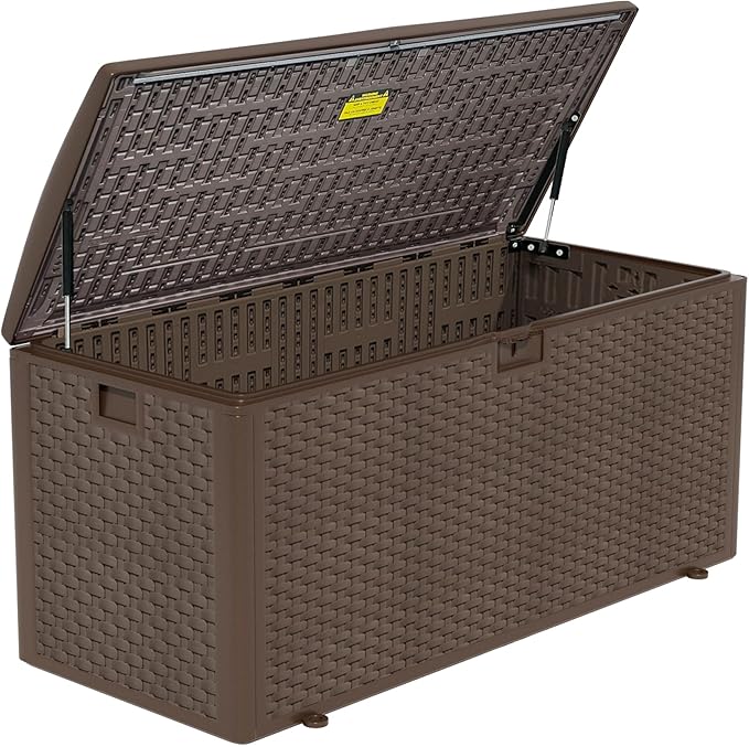 Outdoor Storage Box, 180 Pro Gallon Resin Deck Box Waterproof for Patio Furniture, Garden Tools and Pool Accessories, Lockable UV-Resistant Storage Bin Bench Cabinet for Outside, Brown