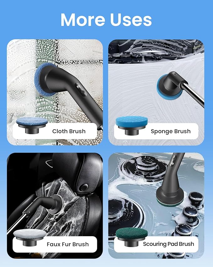 Leebein Electric Spin Scrubber, Cordless Bathroom Cleaning Brush with 7 Brush Heads, IPX7 Waterproof, 2 Speed Settings, Extendable Handle