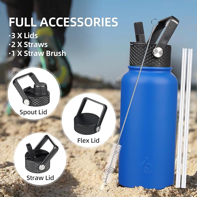 BJPKPK Insulated Water Bottles with Straw Lid, 40oz Cold & Hot Thermo, Stainless Steel Metal Water Bottle with 3 Lids, Reusable Thermo, Cups, Mugs, Tumblers -Sky