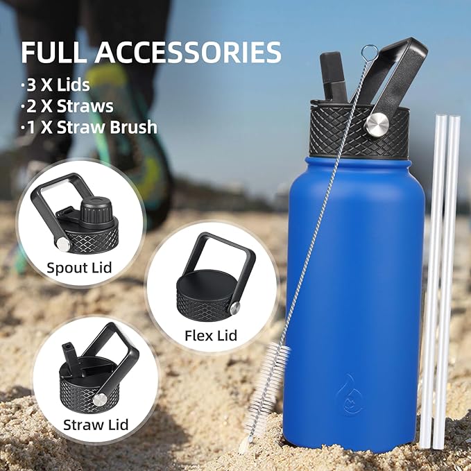 BJPKPK Insulated Water Bottles with Straw Lid, 32oz Metal Large Water Bottle with 3 Lids, Reusable Leak Proof BPA Free Thermo, Stainless Steel Tumblers for Sports, Gym, Travel-Navy Blue
