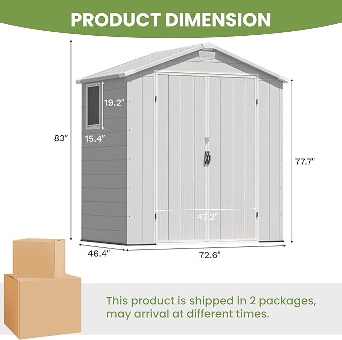 Greesum 6x4FT Plastic Outdoor Storage Shed with Floor, Resin Sheds with Lockable Double Door, Tool Sheds with Window and Vents, for Garden, Backyard, Patio, Light Gray