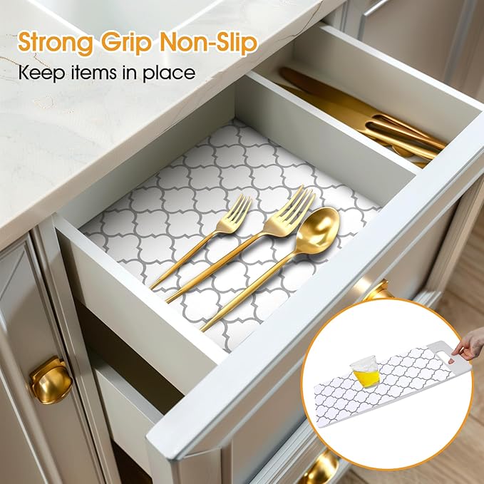 Shelf and Drawer Liner for Kitchen Cabinets Non-Adhesive, Strong Grip Non-Slip Thickened Cabinet Liners for Shelves, Waterproof Mats for Dresser Cupboard, White/Gray, 12 in x 30 Feet
