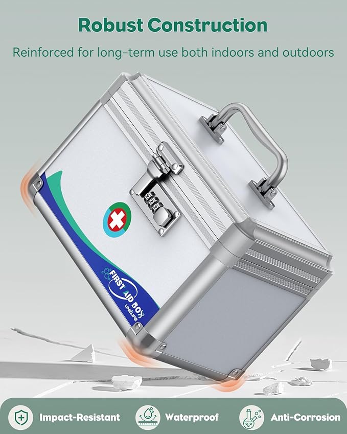 Uniclife Medicine Lock Box First Aid Box with Combination Lock & Handle Portable Medication Metal Lockable Medicine Storage Box Security Lock Box for Medications, 10" x 6" x 6.5"