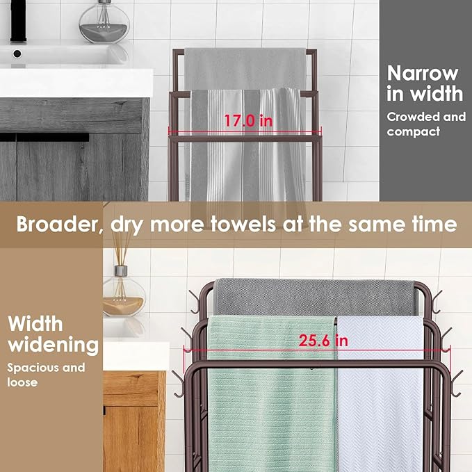 40" H Free Standing Towel Rack with 2 Storage Baskets & 6 Hooks, 3 Tier Silver Metal Towel Stand for Extra Large Towel, Modern Industrial Blanket Ladder Display and Drying Rack for Bedroom Bathroom