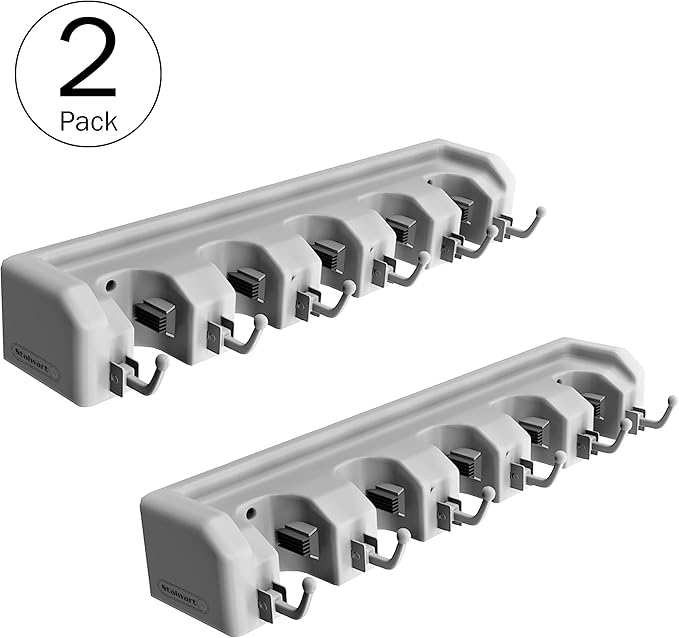Garden Tool Organizer Wall Mount Broom and Mop Holder, 5 Adjustable Slots and 6 Hooks Utility Rack for Garage or Home Organization, 2-Pack by Stalwart