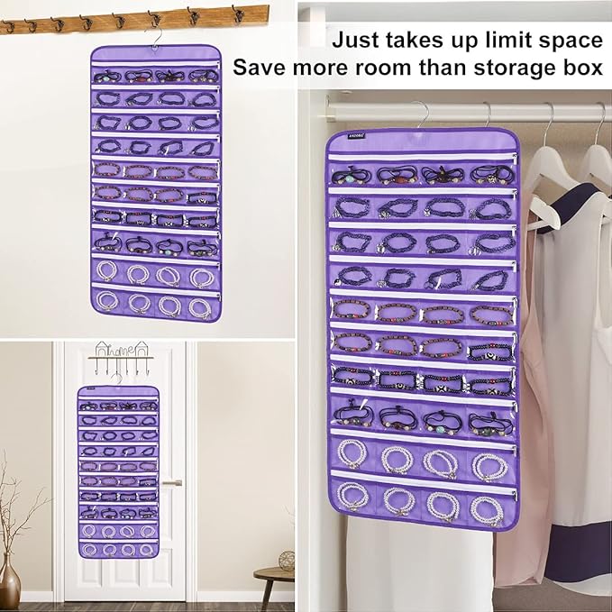 Dualsided Hanging Jewelry Organizer with 40 Zippered Pockets and 20 Hook Loops Necklace Holder Jewelries Organizer for Earrings Bracelets Rings with 360 Degree Rotating Hanger (40 Zippered