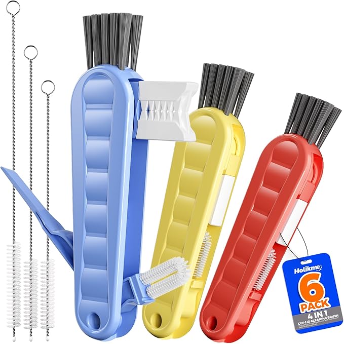 6 Pack Holikme 4 in 1 Cup Lid Cleaning Brush Set with 3 Straws, Multifunctional Bottle Brush, Silicone Cup Lid Gap Cleaner, Durable Bristle Crevice Cleaning Brush, Blue & Yellow & Red