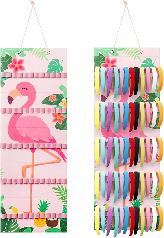 Tudomro Hanging Headband Holder for Girls Felt Hair Accessories Organizer with 60 Elastic Bands Bow Hanger for Girls Hair Bows Without Headbands(Flamingo,Fresh Color)