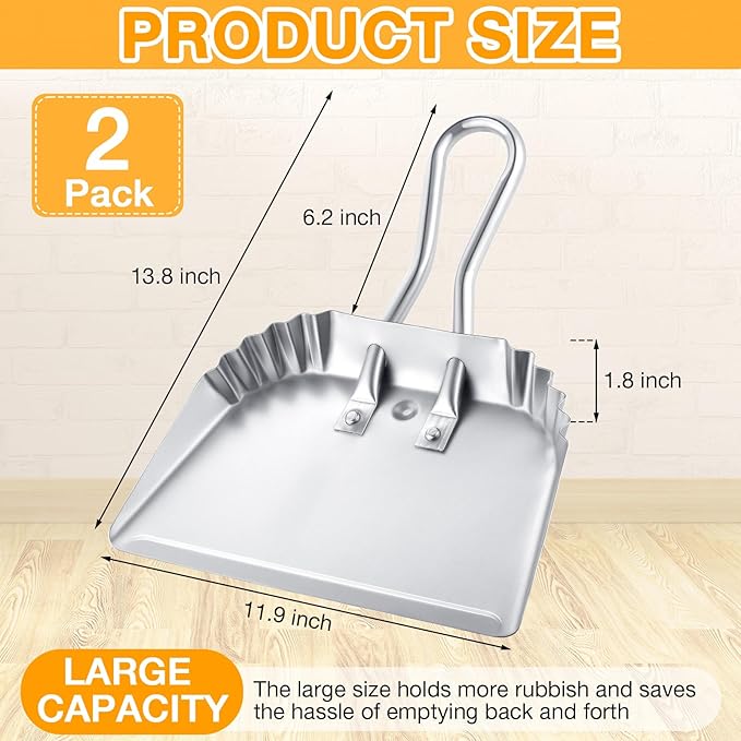 Mumufy 2 Pcs 12 Inch Heavy Duty Metal Dustpan, Stainless Steel Large Wide Dust Pans for Household, Handheld Scooper, Debris Cleaning Tool for Home Garage Studio Courtyard Indoor Outdoor(Silver)