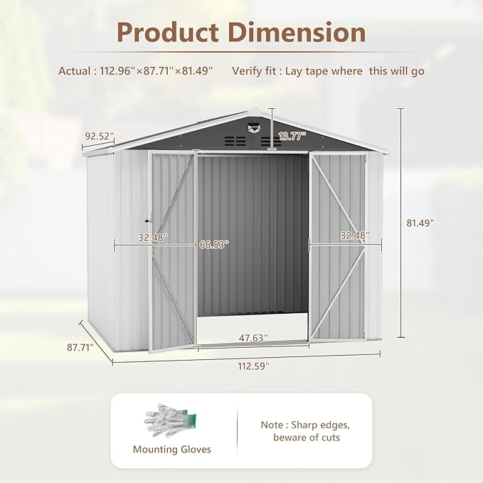 10X8 FT Outdoor Storage Shed, Metal Garden Shed - Tool Storage Sheds with Lockable Doors, Waterproof Outside Storage Building for Backyard, Patio (White; Floor Not Included)